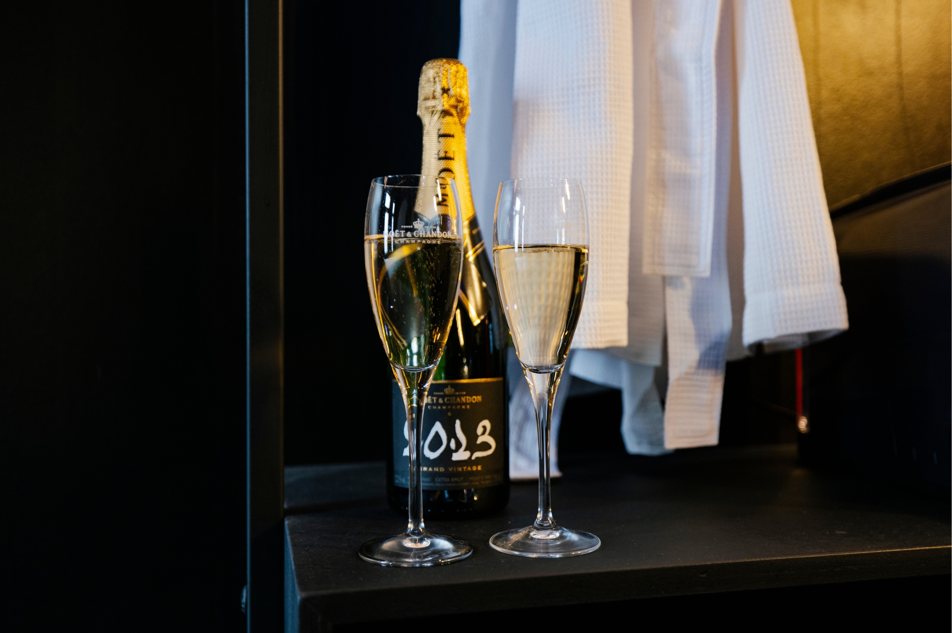 Champagne glasses in Hotel Room of Supper Hotel in Amsterdam