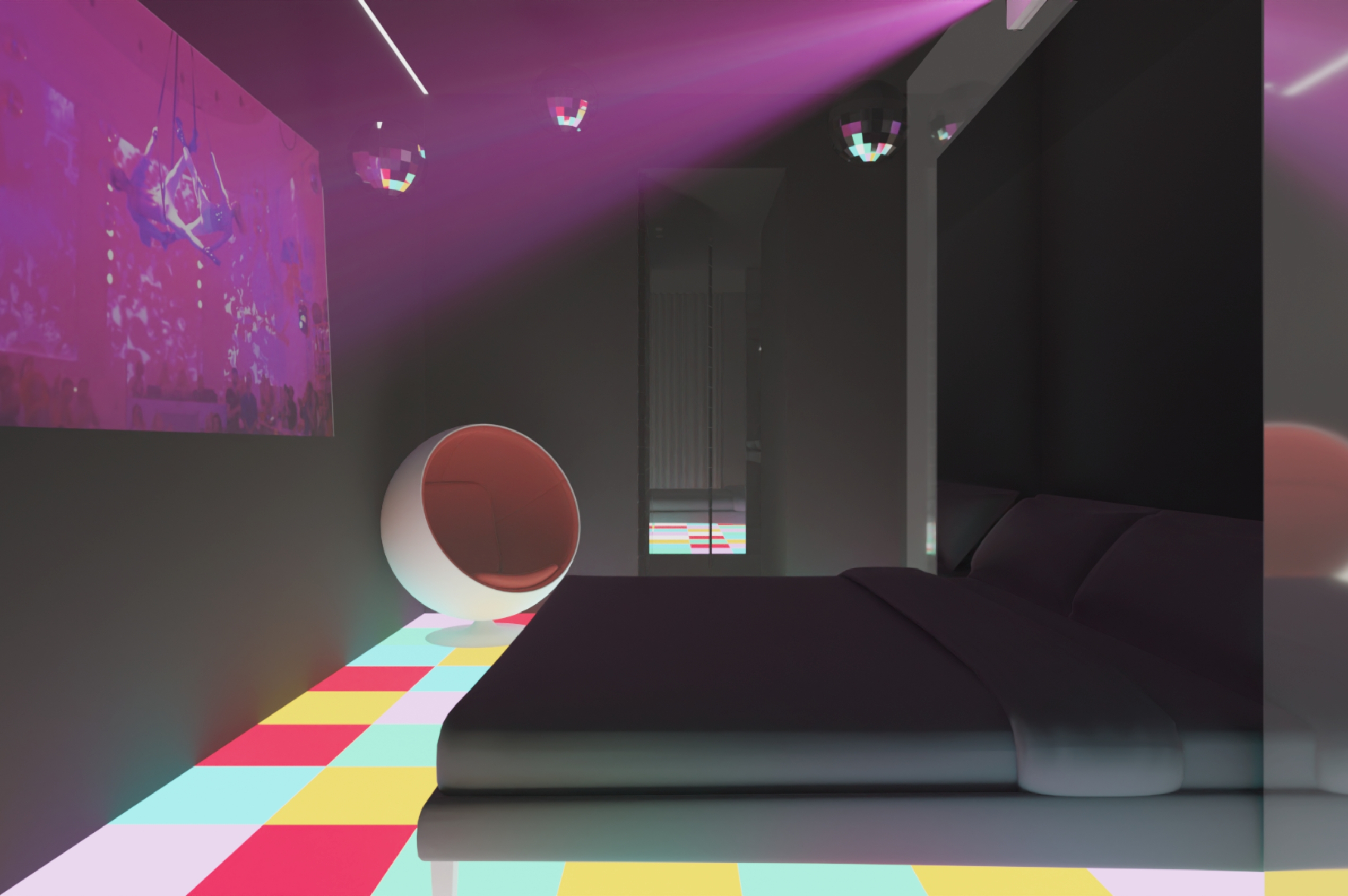 Interior design of the disco room suite at Supper Hotel in Amsterdam